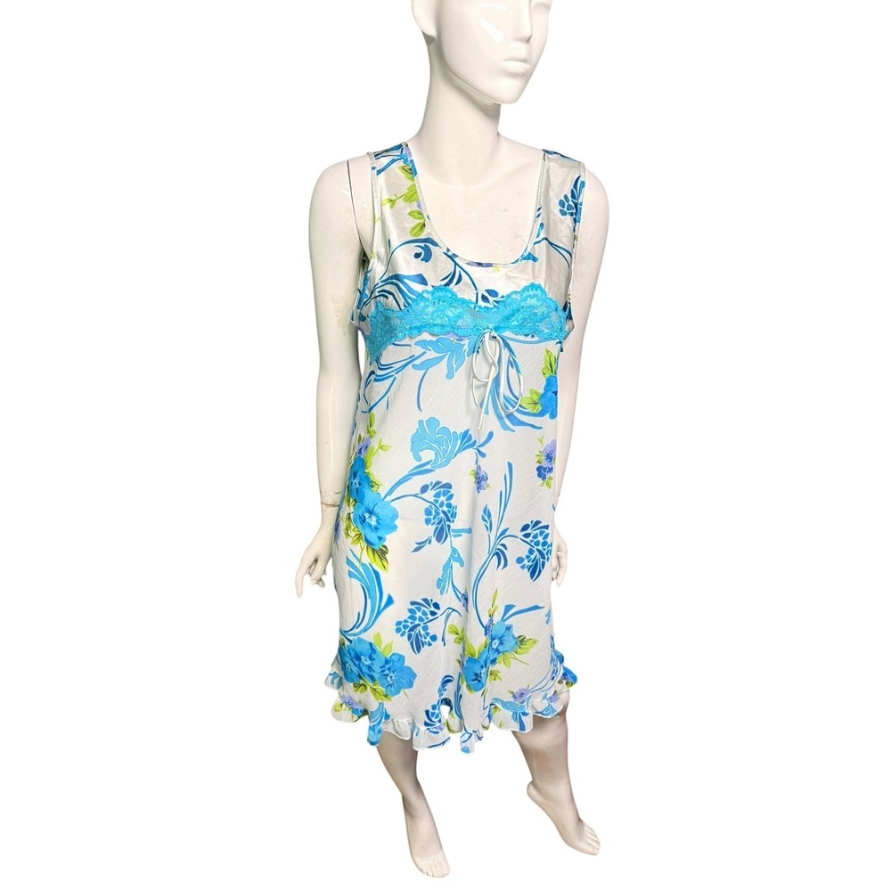 Je T'Adore Satin Night Gown Wmns Blue White Floral 2X Fairy Whimsy Vintage 90s